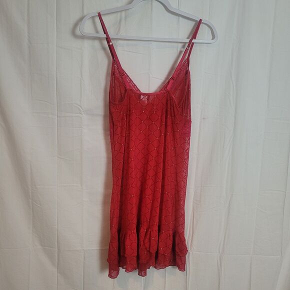 Rampage Y2K Babydoll Sheer Lace Trim Tunic Dress Women's 1X Red Silver Lingerie - Picture 2 of 10